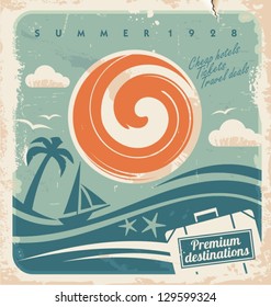 Afiche de las vacaciones de verano. Plantilla vectorial para agencia de viajes. Antecedentes publicitarios de hotel retro con viejos patrones de papel.