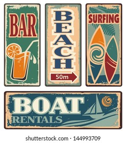 Vintage Summer Holiday Signs. Vector Set Of Retro Beach Ads And Posters. 