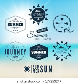 Vintage Summer Holidays Typography Design With Labels Logo, Icons Elements Collection, Vector Background