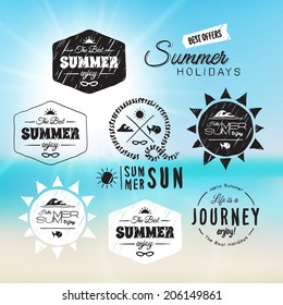 Vintage summer holidays typography design with labels in doodle sketch style, icons elements collection, vector background