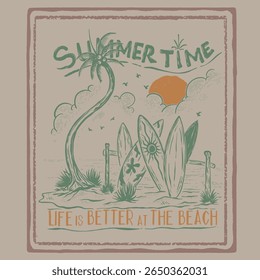 Vintage summer illustration featuring a beach scene with palm trees, surfboards, and a setting sun,Retro tropical design perfect for summer, vacation, surf culture, and beach lifestyle themes.

