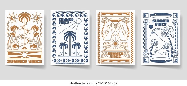 Vintage summer illustration poster set. Paradise beach bohemian style for print, wall art. Boho illustration vector collection. Retro summer cover bundle. 