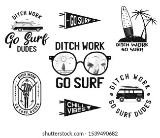Vintage summer logos, surfing badges set. Hand drawn labels designs. Travel expedition, wanderlust and hiking. Outdoor emblems. Logotypes collection. Stock vector isolated on white