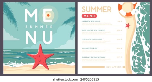 Vintage summer menu design with top view ocean waves, sand beach and palm leaves. Vector illustration