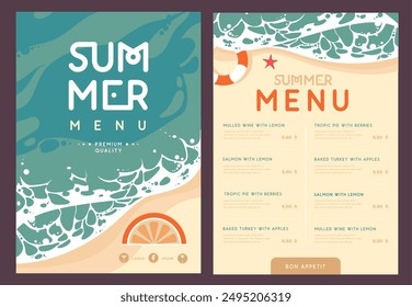 Vintage summer menu design with top view ocean waves, sand beach and starfish. Vector illustration