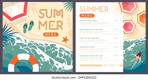 Vintage summer menu design with top view ocean waves, sand beach and palm leaves. Vector illustration