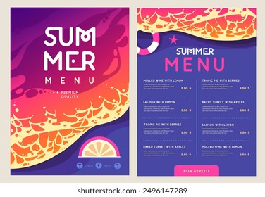 Vintage summer menu design with top view ocean waves, sand beach and starfish. Vector illustration