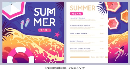 Vintage summer menu design with top view ocean waves, sand beach and palm leaves. Vector illustration