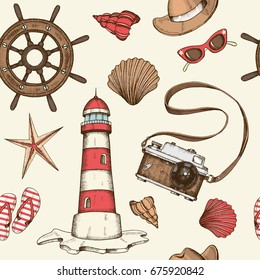 Vintage summer nautical seamless background with hand drawn wheel, lighthouse, hat, sunglasses, flip flops, shells, camera. Pattern can be used for wallpaper, web page background, surface textures.
