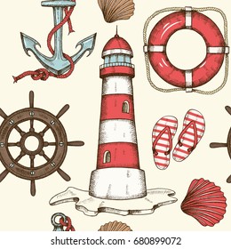 Vintage summer nautical seamless background. Hand drawn wheel, lighthouse,  flip flops, shells, anchor.Pattern can be used for wallpaper, web page background, surface textures.