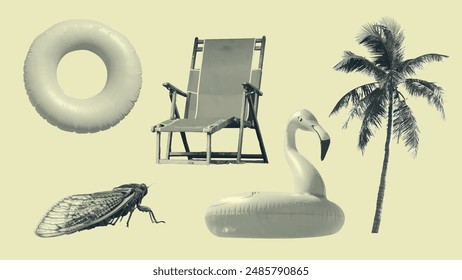 Vintage summer objects collage isolated, colored in yellow monochrome tone. Vector illustration