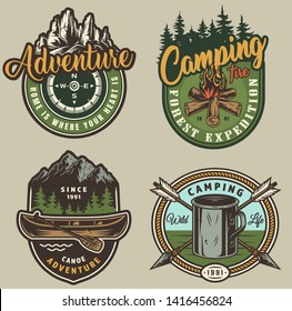 Vintage summer outdoor recreation colorful prints with campfire kettle crossed arrows canoe paddle navigational compass forest and mountains isolated vector illustration