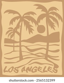 Vintage summer palm tree sea waves sun and beach retro hand drawn illustration print with los angeles california slogan for graphic tee t shirt or poster card - Vector