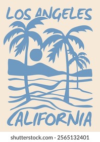 Vintage summer palm tree sea waves sun and beach retro hand drawn illustration print with los angeles california slogan for graphic tee t shirt or poster card - Vector