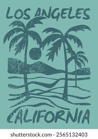 Vintage summer palm tree sea waves sun and beach retro hand drawn illustration print with los angeles california slogan for graphic tee t shirt or poster card - Vector