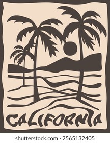 Vintage summer palm tree sea waves sun and beach retro hand drawn illustration print with los angeles california slogan for graphic tee t shirt or poster card - Vector