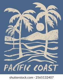 Vintage summer palm tree sea waves sun and beach retro hand drawn illustration print with los angeles california slogan for graphic tee t shirt or poster card - Vector