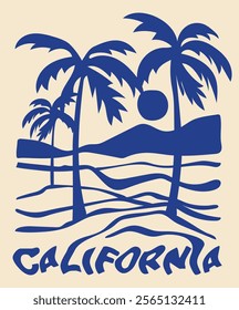 Vintage summer palm tree sea waves sun and beach retro hand drawn illustration print with los angeles california slogan for graphic tee t shirt or poster card - Vector