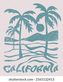 Vintage summer palm tree sea waves sun and beach retro hand drawn illustration print with los angeles california slogan for graphic tee t shirt or poster card - Vector