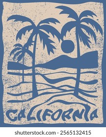 Vintage summer palm tree sea waves sun and beach retro hand drawn illustration print with los angeles california slogan for graphic tee t shirt or poster card - Vector