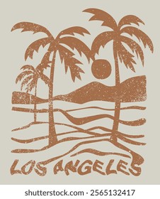 Vintage summer palm tree sea waves sun and beach retro hand drawn illustration print with los angeles california slogan for graphic tee t shirt or poster card - Vector