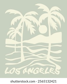 Vintage summer palm tree sea waves sun and beach retro hand drawn illustration print with los angeles california slogan for graphic tee t shirt or poster card - Vector