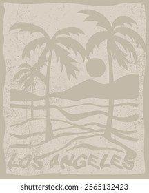 Vintage summer palm tree sea waves sun and beach retro hand drawn illustration print with los angeles california slogan for graphic tee t shirt or poster card - Vector