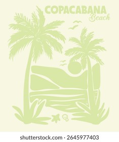 Vintage summer palm tree, sea, waves, sun retro hand drawn illustration print with Copacabana Beach slogan for graphic tee t shirt print or poster card - Vector