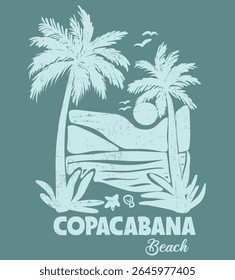 Vintage summer palm tree, sea, waves, sun retro hand drawn illustration print with Copacabana Beach slogan for graphic tee t shirt print or poster card - Vector