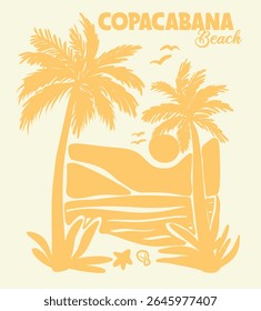 Vintage summer palm tree, sea, waves, sun retro hand drawn illustration print with Copacabana Beach slogan for graphic tee t shirt print or poster card - Vector
