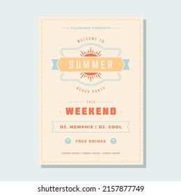 Vintage summer party poster template bright sun line ribbon event promo vector illustration. Retro design disco event placard tropical vacation disco music sound invitation decorative advertisement