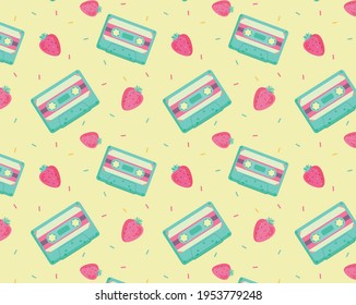 Vintage summer pattern with tapes and strawberries
