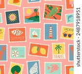 Vintage summer post card stamp seamless pattern. Retro style beach vacation postage sticker background illustration. Summertime season mail postmark texture print, postal label wallpaper.