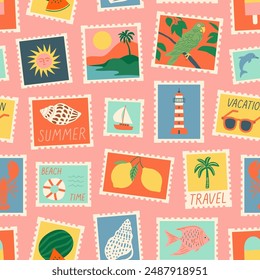 Vintage summer post card stamp seamless pattern. Retro style beach vacation postage sticker background illustration. Summertime season mail postmark texture print, postal label wallpaper.