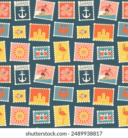 Vintage summer post card stamp seamless pattern. Retro style beach vacation postage sticker background illustration. Summertime season mail postmark texture print, postal label wallpaper.