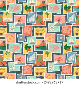 Vintage summer post card stamp seamless pattern. Retro style beach vacation postage sticker background illustration. Summertime season mail postmark texture print, postal label wallpaper.