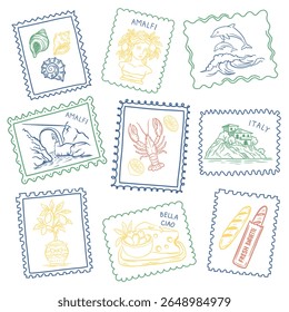 Vintage summer postcard from Italy with Amalfi Coast view. Vector stamp illustration with lemon, lobster, and sea elements. Retro travel design, perfect for vacation themes