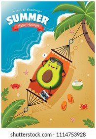 Vintage Summer poster with avocado character, sleeping net, palm tree.