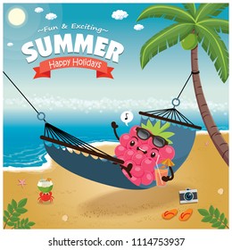 Vintage Summer poster with berry character, sleeping net, palm tree.