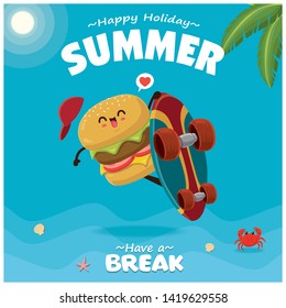 Vintage Summer poster with Burger cartoon character with skateboard illustration.