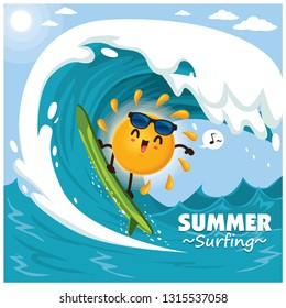 Vintage summer poster design with vector sun, surfboard & sunglasses characters.