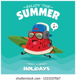 Vintage summer poster design with vector watermelon, surfboard & sunglasses characters.