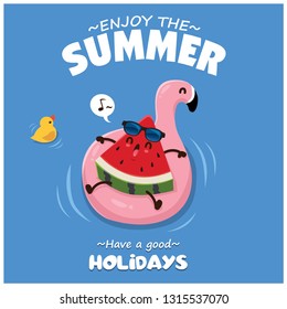 Vintage summer poster design with vector watermelon & pink flamingo pool float characters.