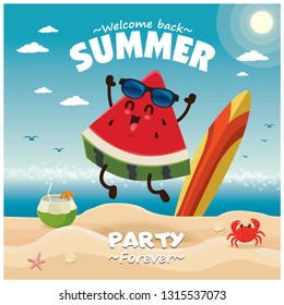 Vintage summer poster design with vector watermelon characters.