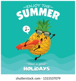 Vintage summer poster design with vector pineapple, surfboard & sunglasses characters.