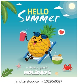Vintage summer poster design with vector pineapple & sunglasses characters