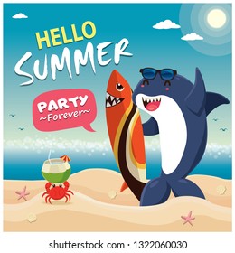 Vintage summer poster design with vector shark characters.