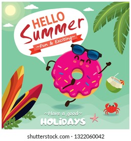 Vintage summer poster design with vector donuts characters.