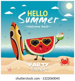 Vintage summer poster design with vector watermelon characters.