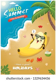Vintage summer poster design with vector banana characters.